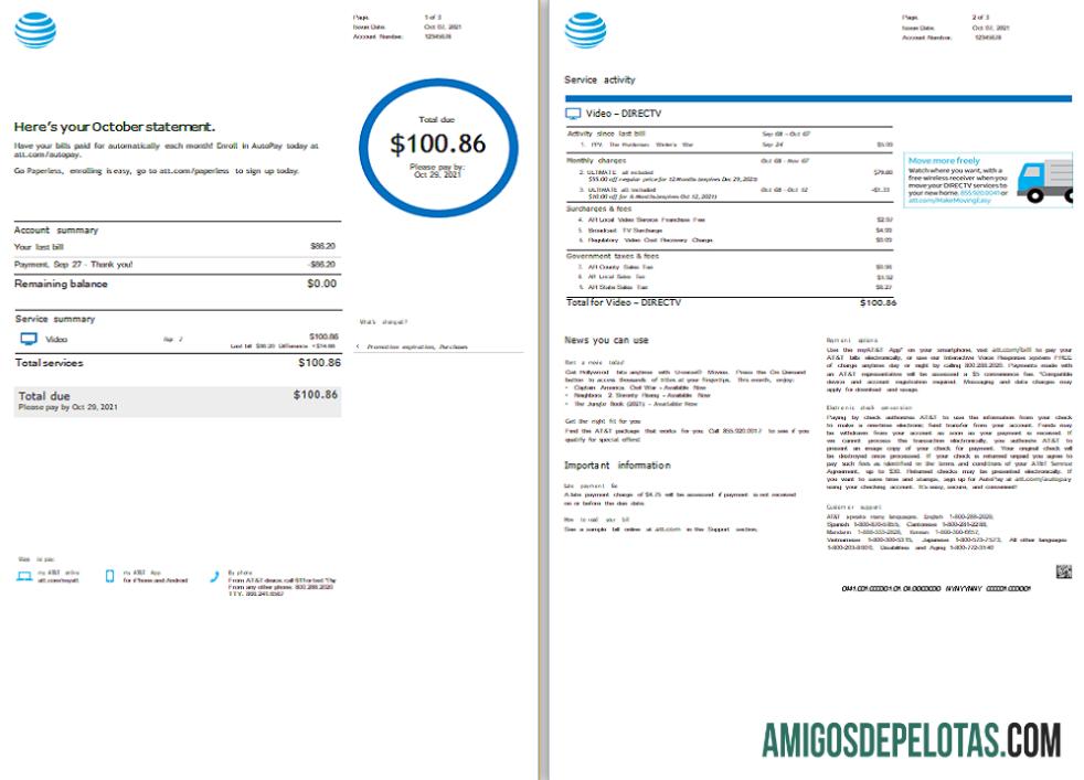 Fatura da AT&T dos EUA modelo